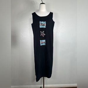 Vintage Viva City Black Cotton Tank Dress Size Medium Made in USA Coastal Fish